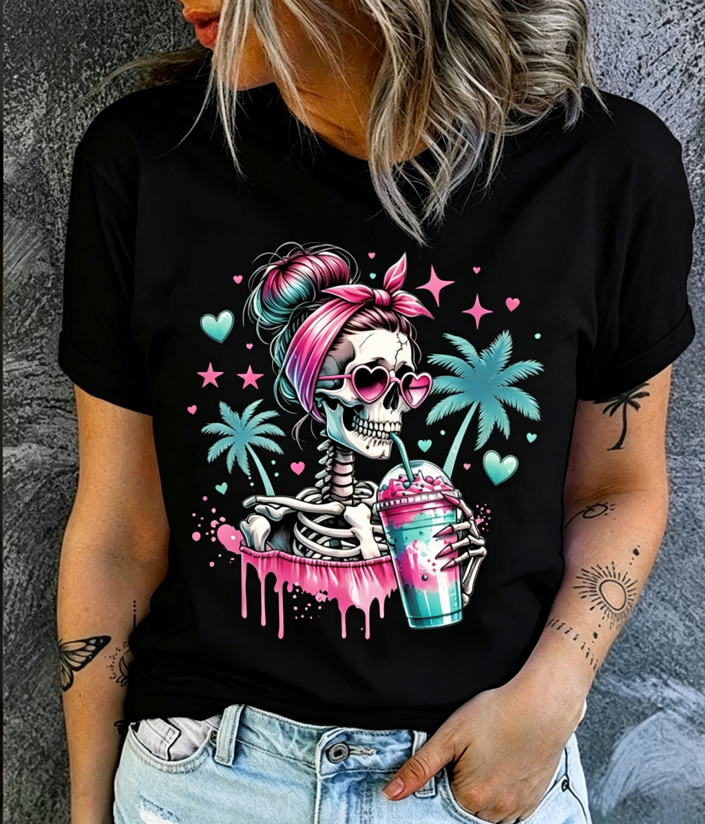 Women's Sugar Skull Graphic T‑Shirt, Rainbow Hair Silent Skeleton Print, Round Neck Short Sleeve Casual Top, Halloween T shirts