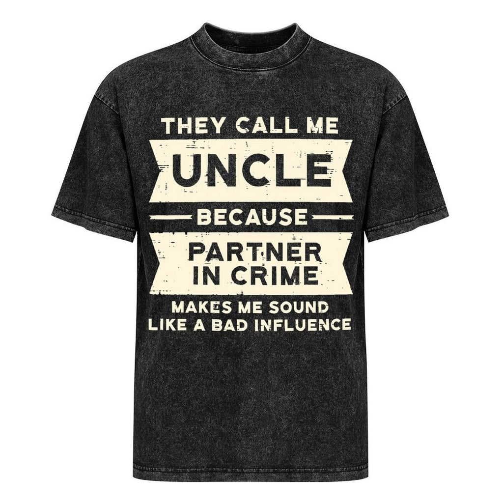Men's Funny Uncle Crime Partner Slogan T-Shirt - 100% Breathable Retro Streetwear Tee With Partner In Crime Saying, Loose Fit Casual Short Sleeve Shirt For Daily Wear Washed Tee