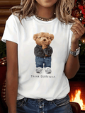 Women's Vintage "Think Different" Bear Graphic T-Shirt – Classic Short-Sleeve Crew Neck Top