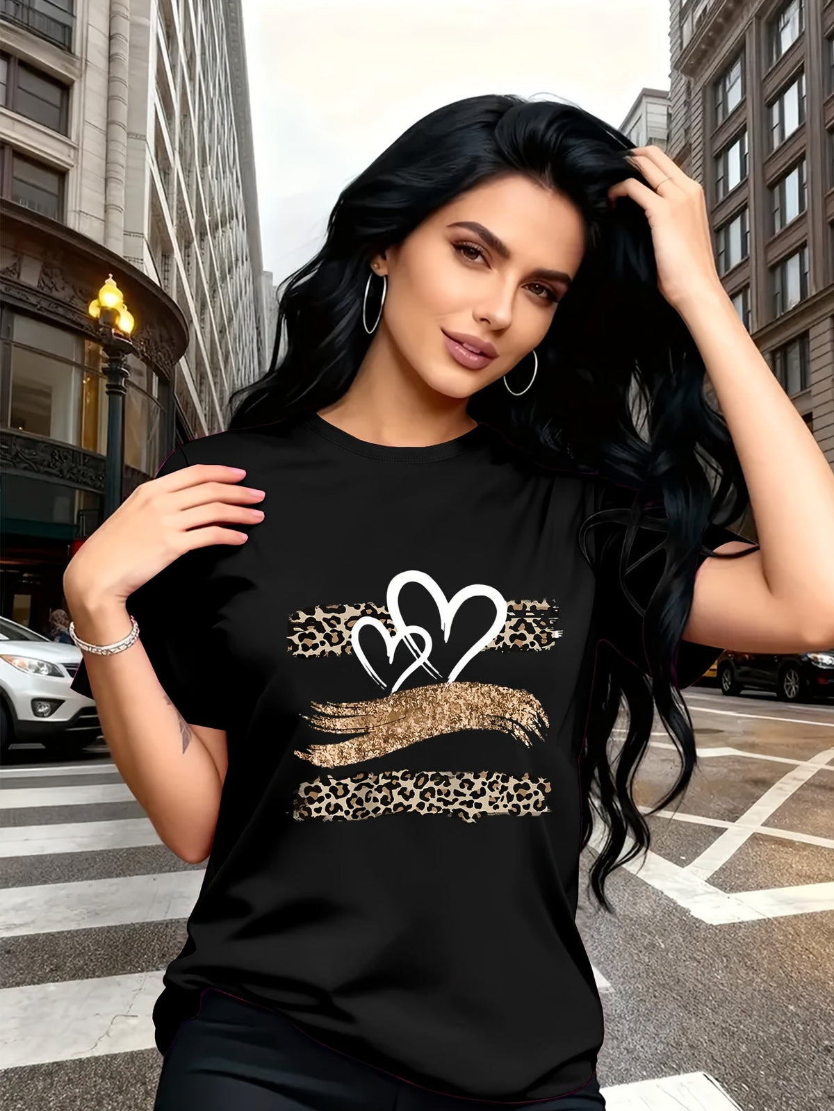 Leopard Heart Glitter Print Short Sleeve Tee Trendy Breathable Crew Neck Top
