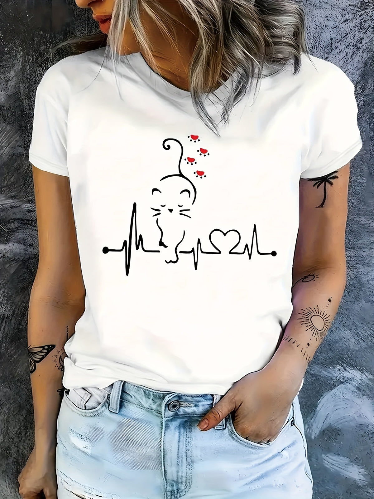 Cat Heart Geometric Print Short Sleeve Tee Spring Summer Crew Neck Casual Top