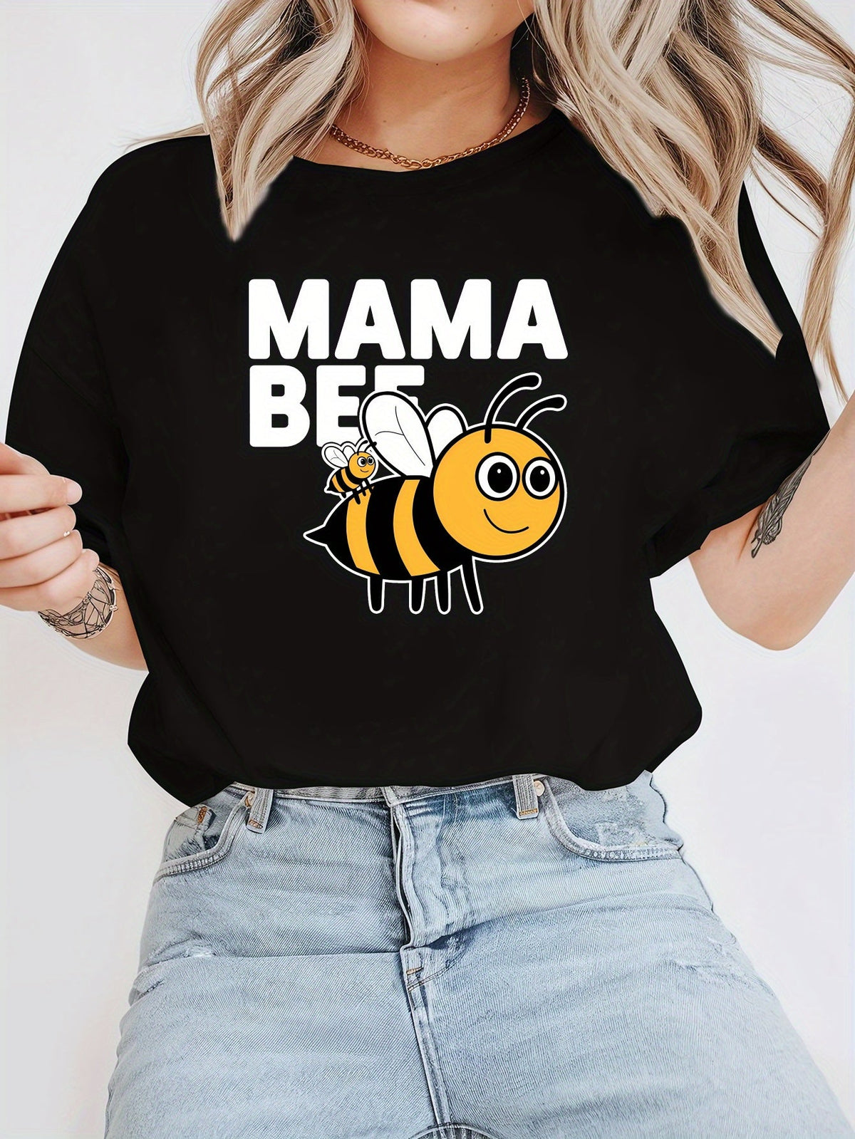 MAMA BEE Print Short Sleeve Tee American Trendy Crew Neck Casual Top