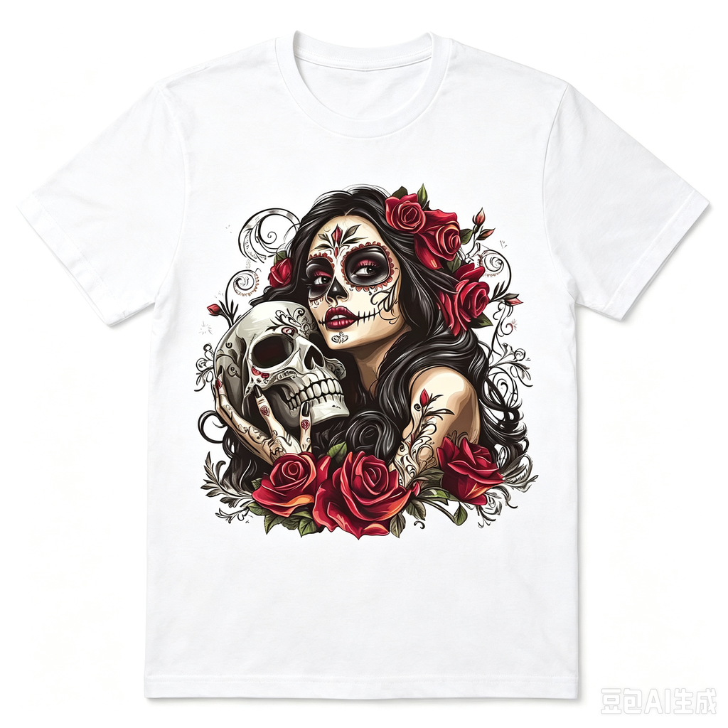 Women's Sugar Skull Graphic T‑Shirt, Rainbow Hair Silent Skeleton Print, Round Neck Short Sleeve Casual Top, Halloween T shirts