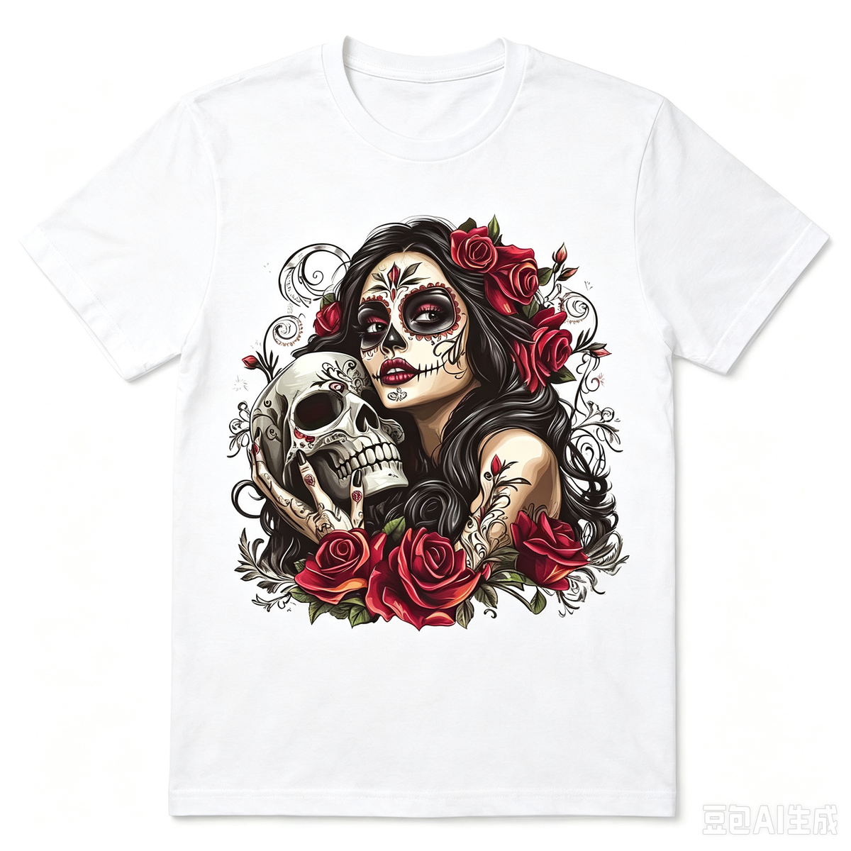 Women's Sugar Skull Graphic T‑Shirt, Rainbow Hair Silent Skeleton Print, Round Neck Short Sleeve Casual Top, Halloween T shirts