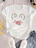 Cute Pig Face Print Short Sleeve Tee Simple Line Crew Neck Casual Top
