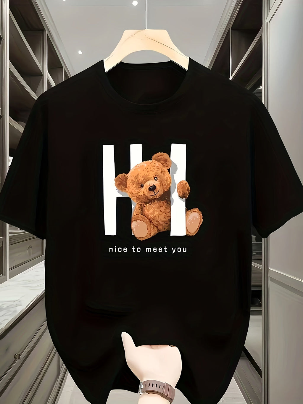 Cute Cartoon Bear Print Short Sleeve Tee Breathable Crew Neck Regular Top