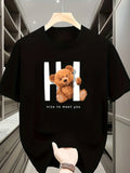 Cute Cartoon Bear Print Short Sleeve Tee Breathable Crew Neck Regular Top