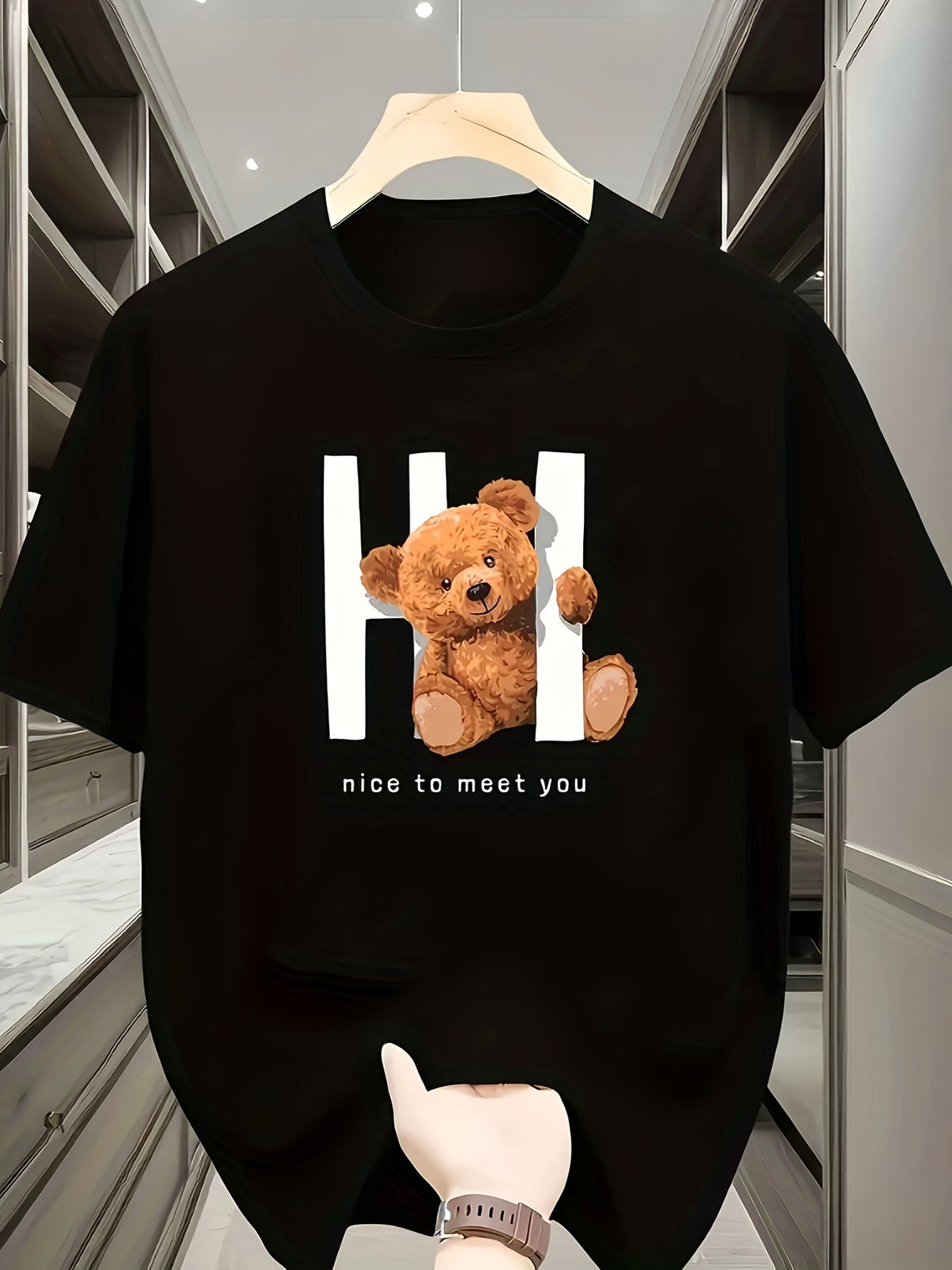 Cute Cartoon Bear Print Short Sleeve Tee Breathable Crew Neck Regular Top