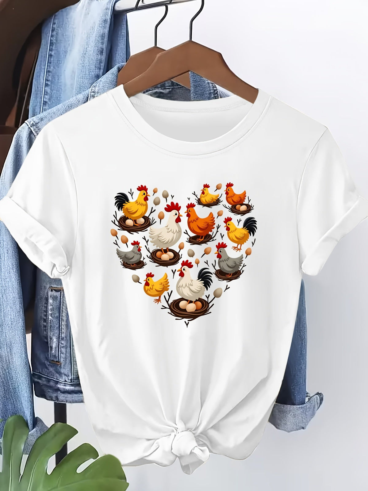 Heart Chicken Flock Print Short Sleeve Tee Cozy Healing Crew Neck Casual Top