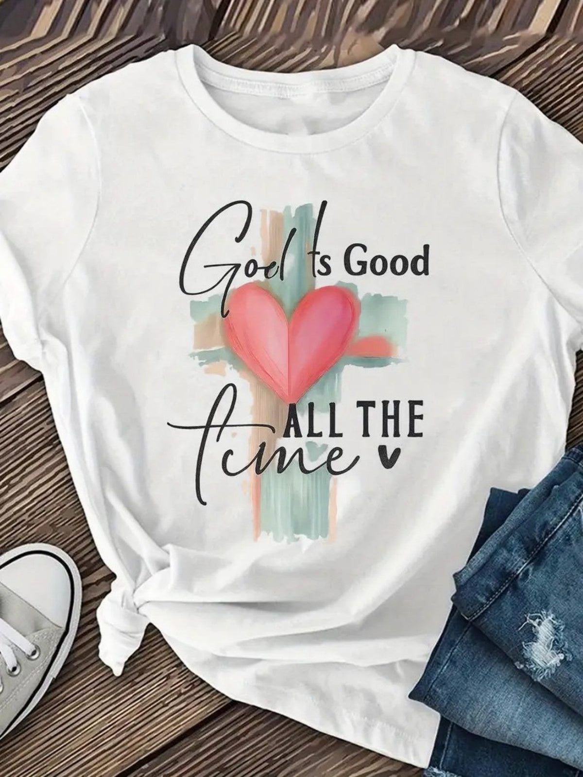 Women's Christian Faith T-Shirt, Inspirational God Is Good All The Time Graphic, Cross and Heart Print, Short Sleeve Crew Neck Casual Tee
