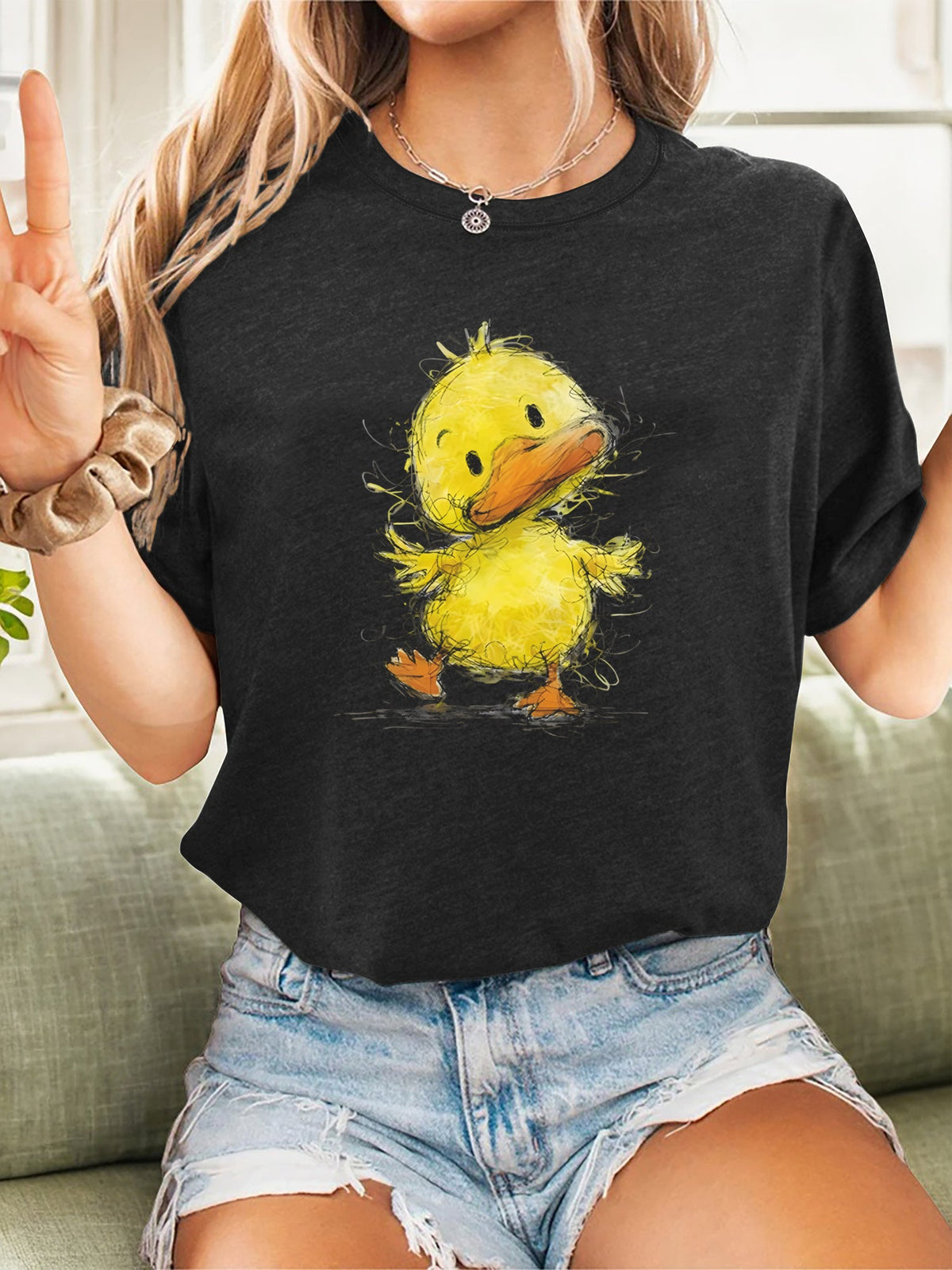 Cute Duck Print Short Sleeve Tee Summer Street Crew Neck Casual Sports Top