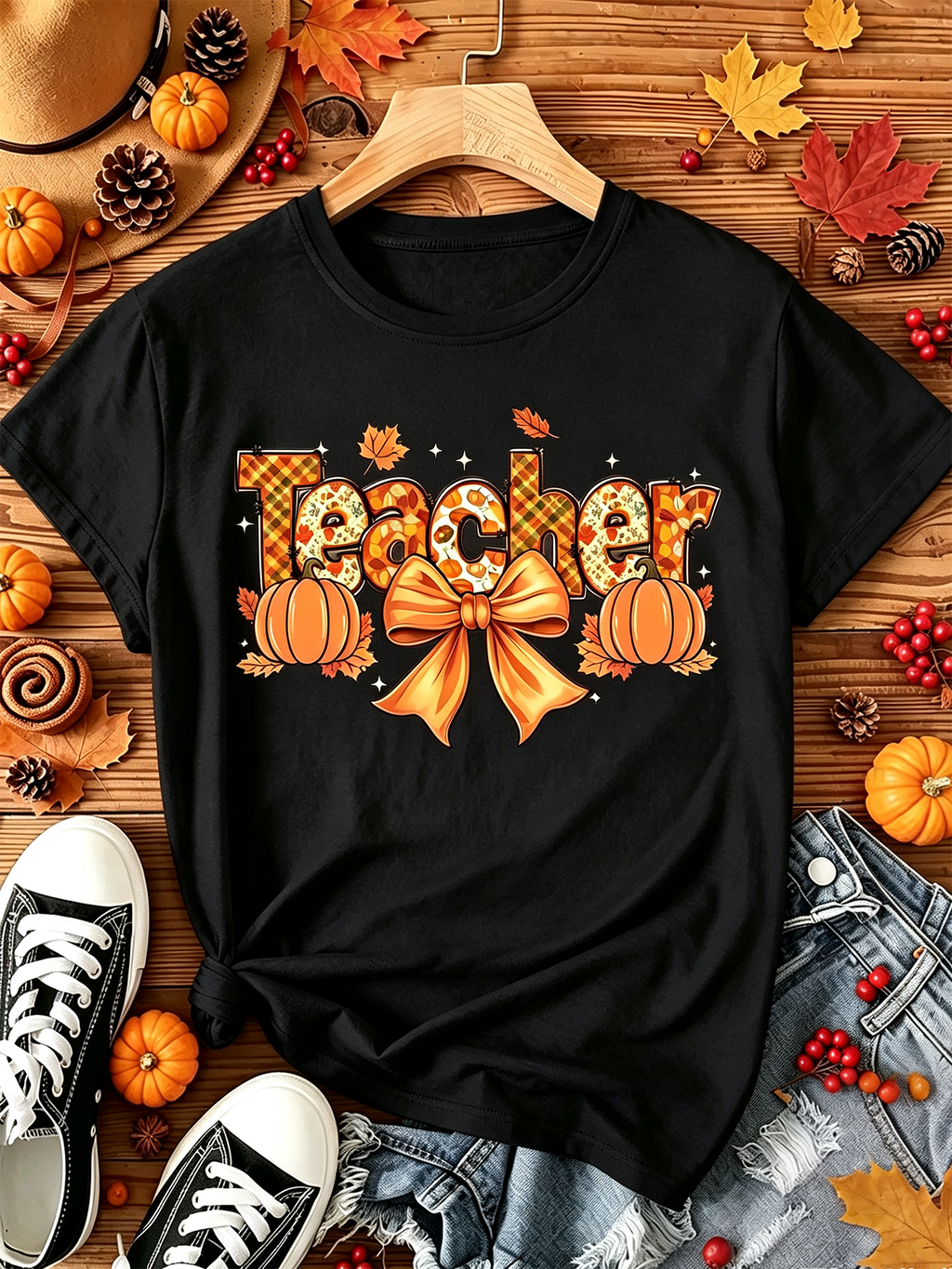 Fall Teacher Pumpkin Bow Graphic T-Shirt, Cute Autumn Maple Leaf Short Sleeve Tee for Teacher Gift