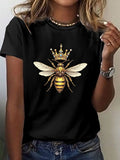 Royal Bee Print Short Sleeve Tee Spring Summer Crew Neck Casual Top