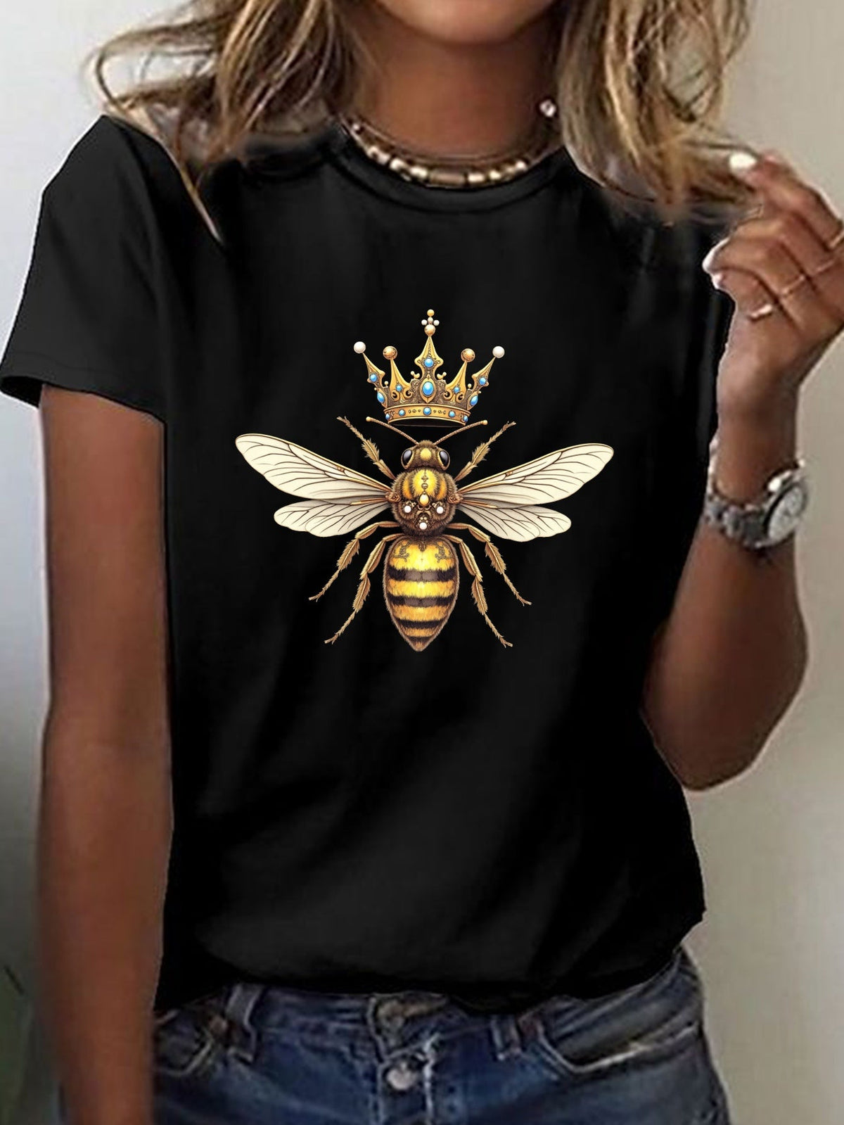 Royal Bee Print Short Sleeve Tee Spring Summer Crew Neck Casual Top