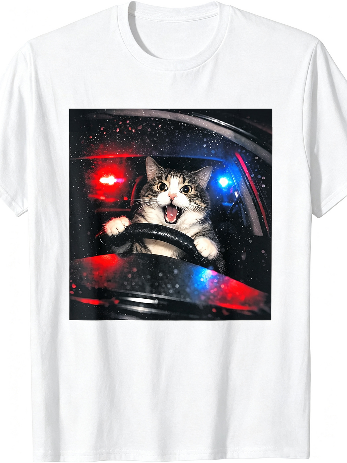 Funny Cat Driving Police Lights Graphic T-Shirt, Humor Kitten Short Sleeve Casual Tee for Men Women