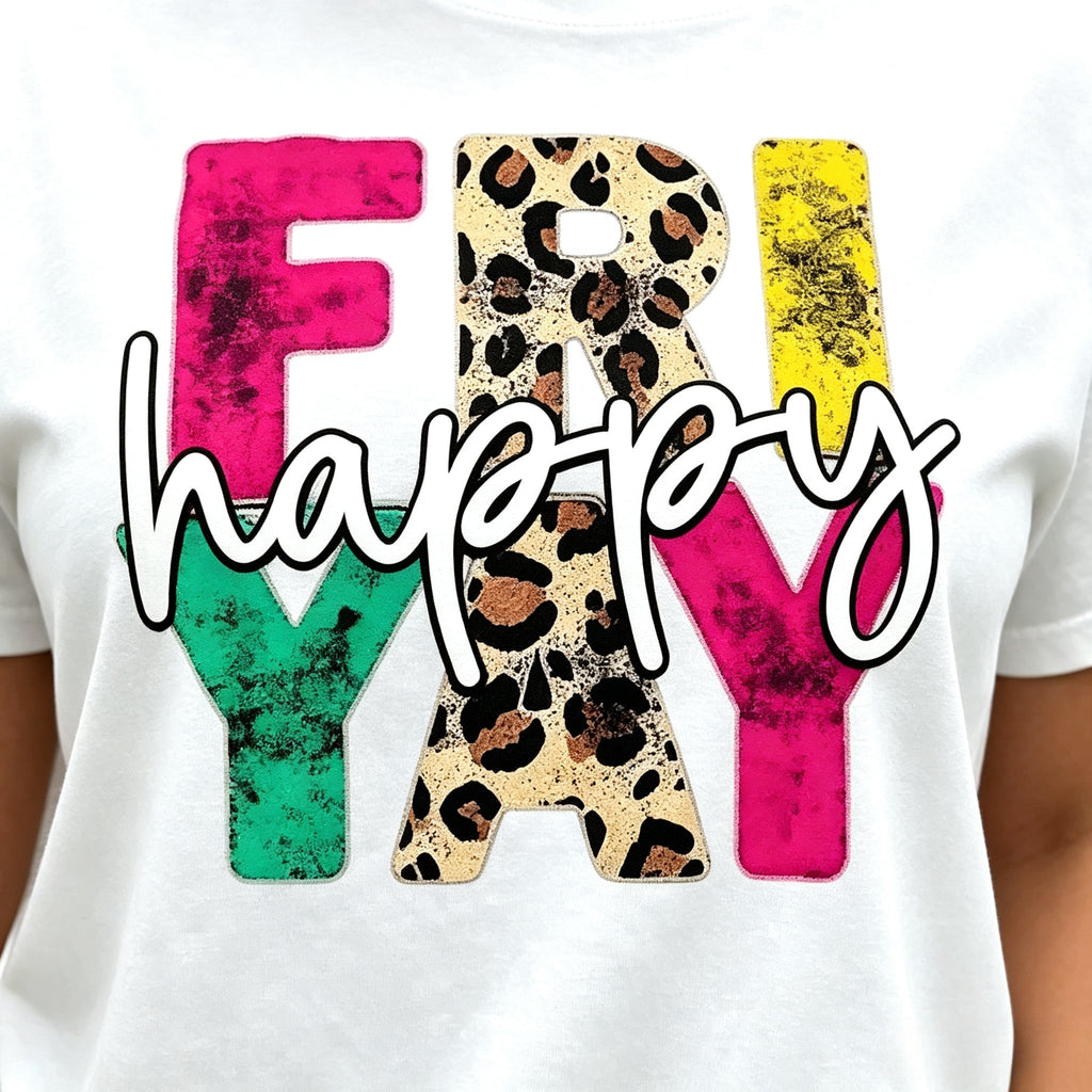 Happy Friyay Graphic Crew Neck Tee Teacher Fashion Short Sleeve Top