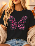 Women's Short Sleeve T-Shirt - Black & Pink Leopard Print Butterfly Suitable Round Neck