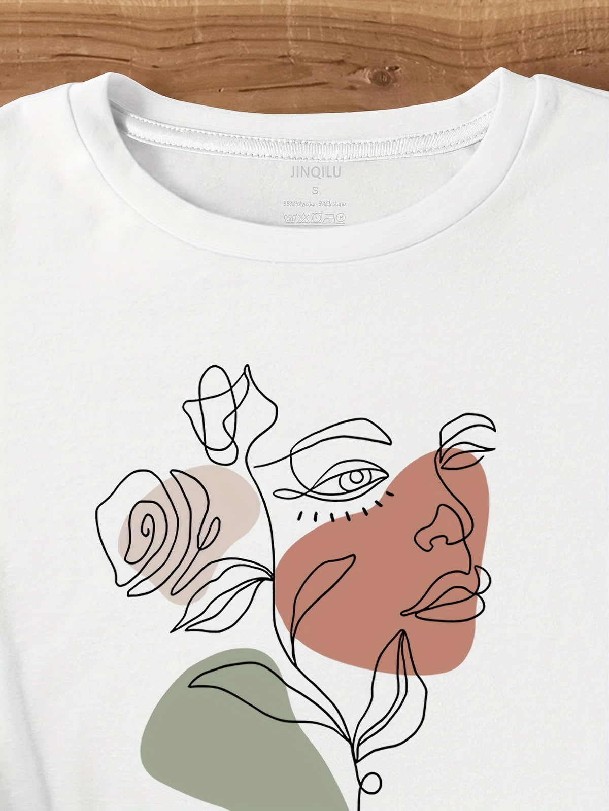 New Line Art Flower Face Print Short Sleeve Tee Unisex Crew Neck Casual Top
