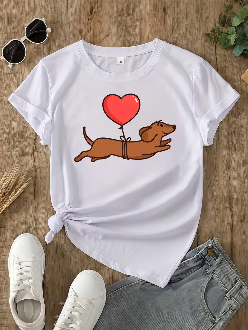 Cute Dog Heart Print Short Sleeve Tee Spring Summer Fall Crew Neck Casual Top
