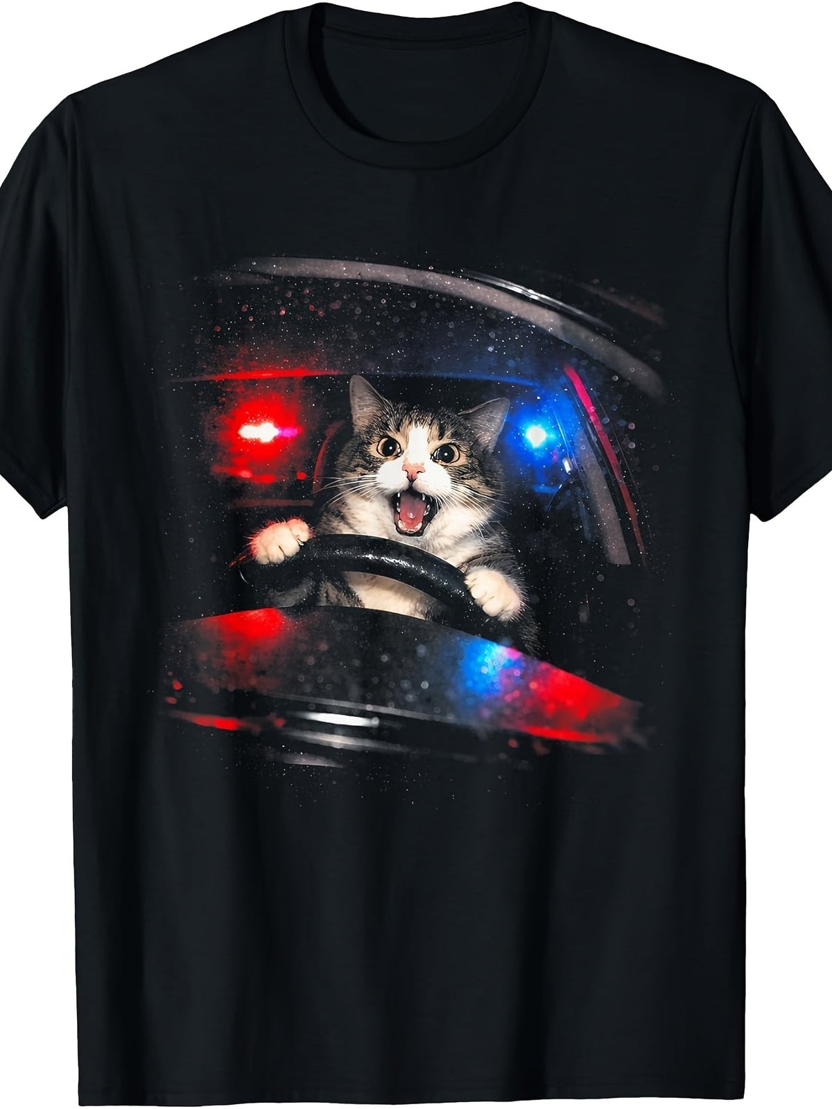 Funny Cat Driving Police Lights Graphic T-Shirt, Humor Kitten Short Sleeve Casual Tee for Men Women