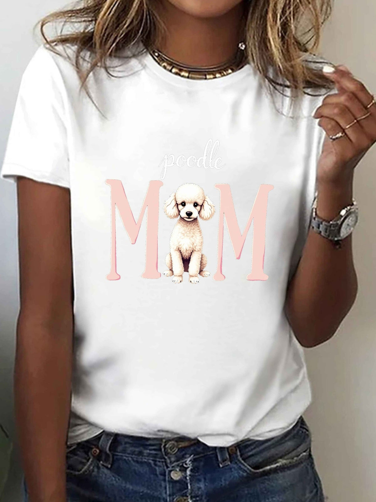 Womens Mom And Poodle Illustration Print Short Sleeve Tee Spring Summer Crew Neck Top