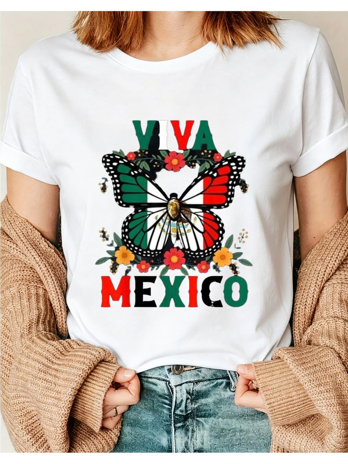 VIVA MEXICO Flag Butterfly Wing Print Tee Crew Neck Short Sleeve Casual Top