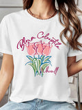 Artistic Line Tulip Print Short Sleeve Tee Minimalist Art Crew Neck Top