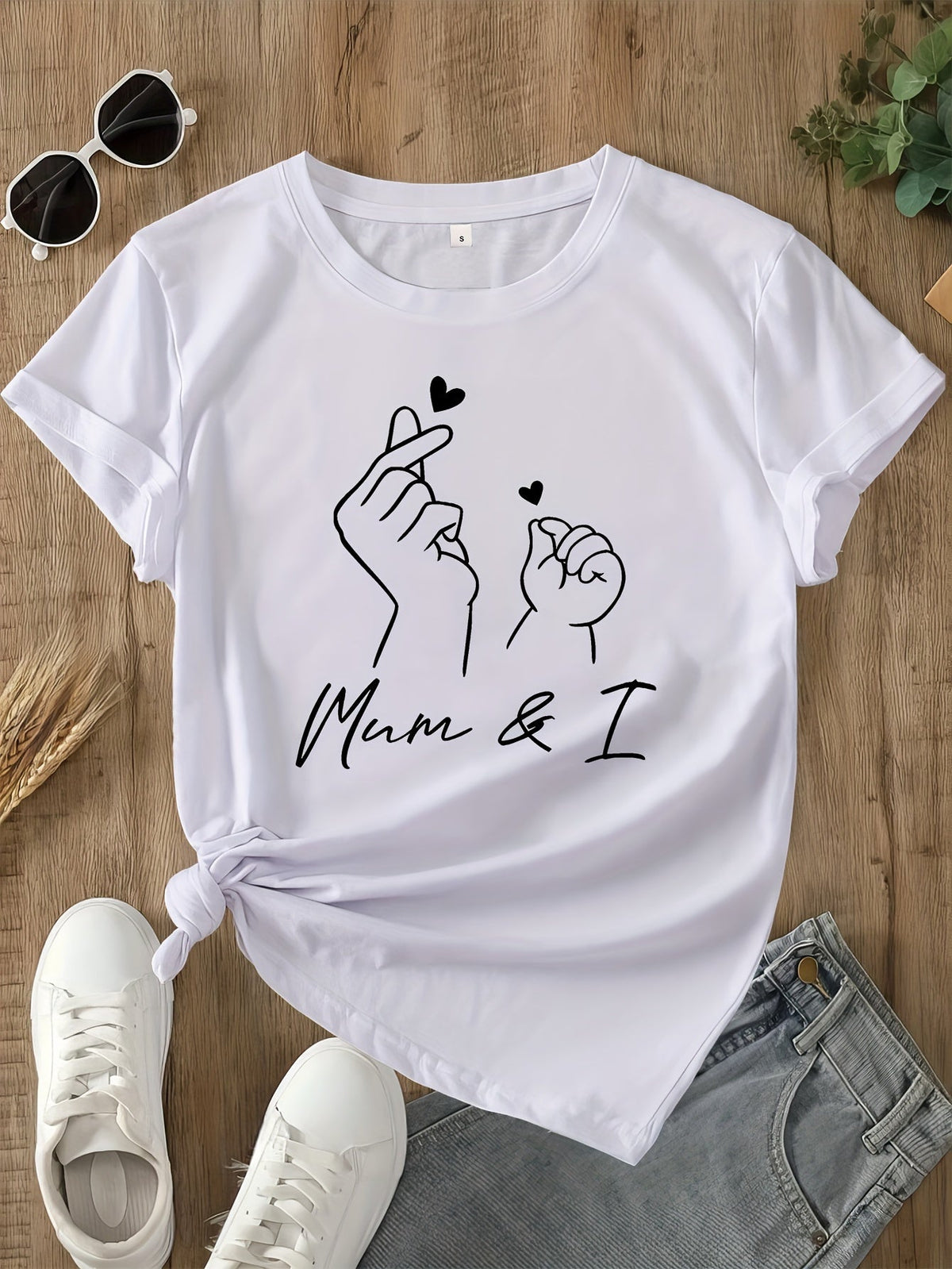Heart Hand Print Short Sleeve Tee Unisex Crew Neck Casual Versatile Top