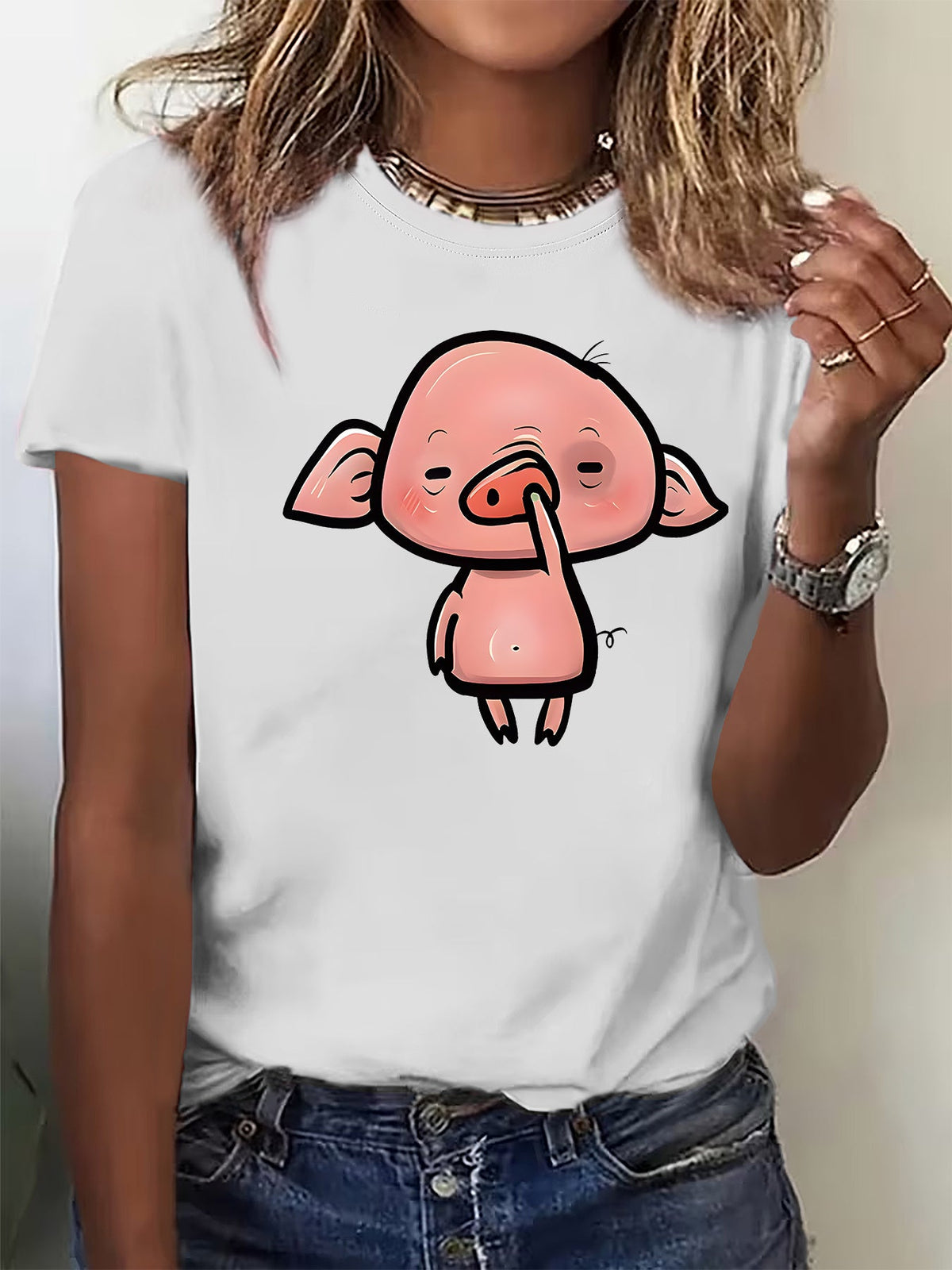 Cartoon Pig Print Color Cotton Short Sleeve Tee Summer Casual Crew Neck Top