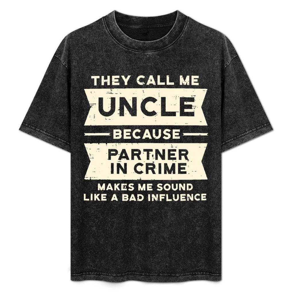Men's Funny Uncle Crime Partner Slogan T-Shirt - 100% Breathable Retro Streetwear Tee With Partner In Crime Saying, Loose Fit Casual Short Sleeve Shirt For Daily Wear Washed Tee