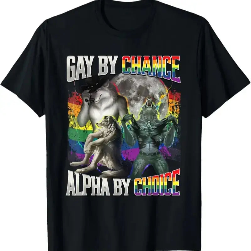 Gay By Chance Alpha By Choice Wolf Print Cotton Tee Unisex Crew Neck Short Sleeve Top