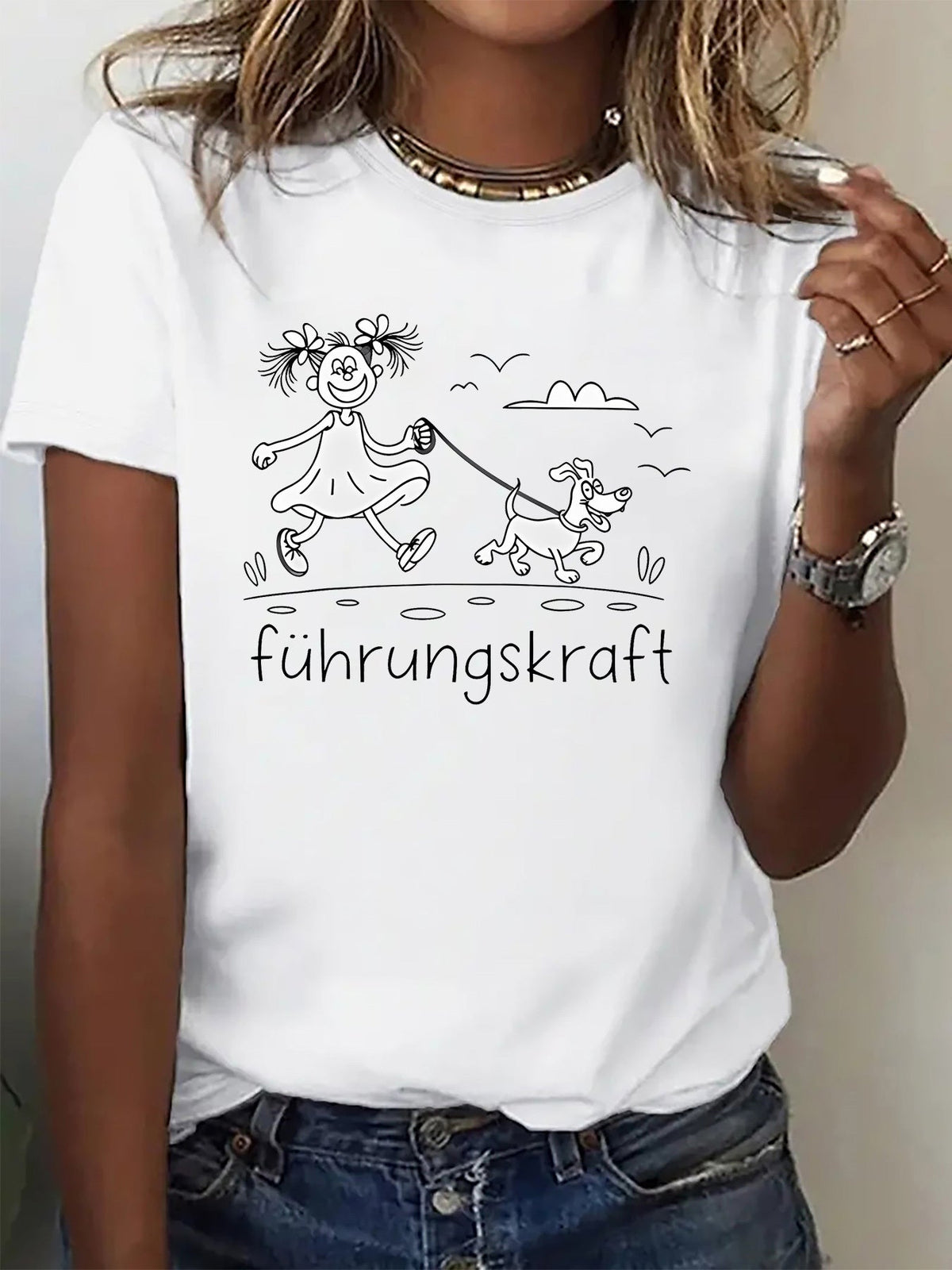 Cartoon Girl Walking Dog Print Short Sleeve Tee Unisex Sports Casual Crew Neck Top