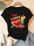 Watermelon Juice Letter Print Short Sleeve Tee Elegant Casual Crew Neck Top