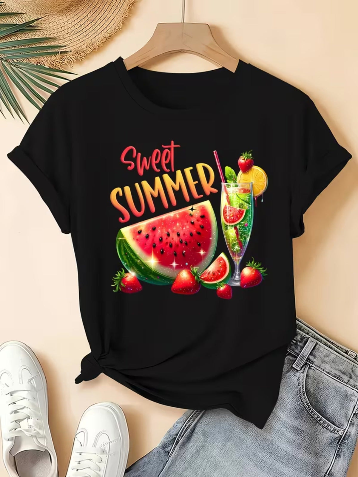 Watermelon Juice Letter Print Short Sleeve Tee Elegant Casual Crew Neck Top