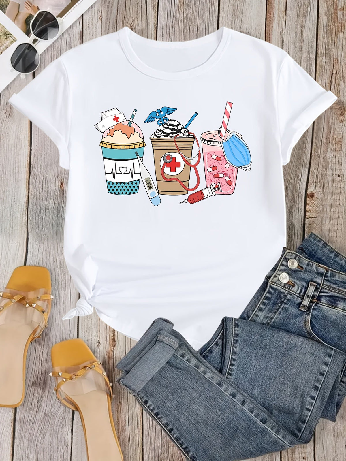 Nurses Day Coffee Print Tee Doctor Nurse Gift Crew Neck Short Sleeve Top