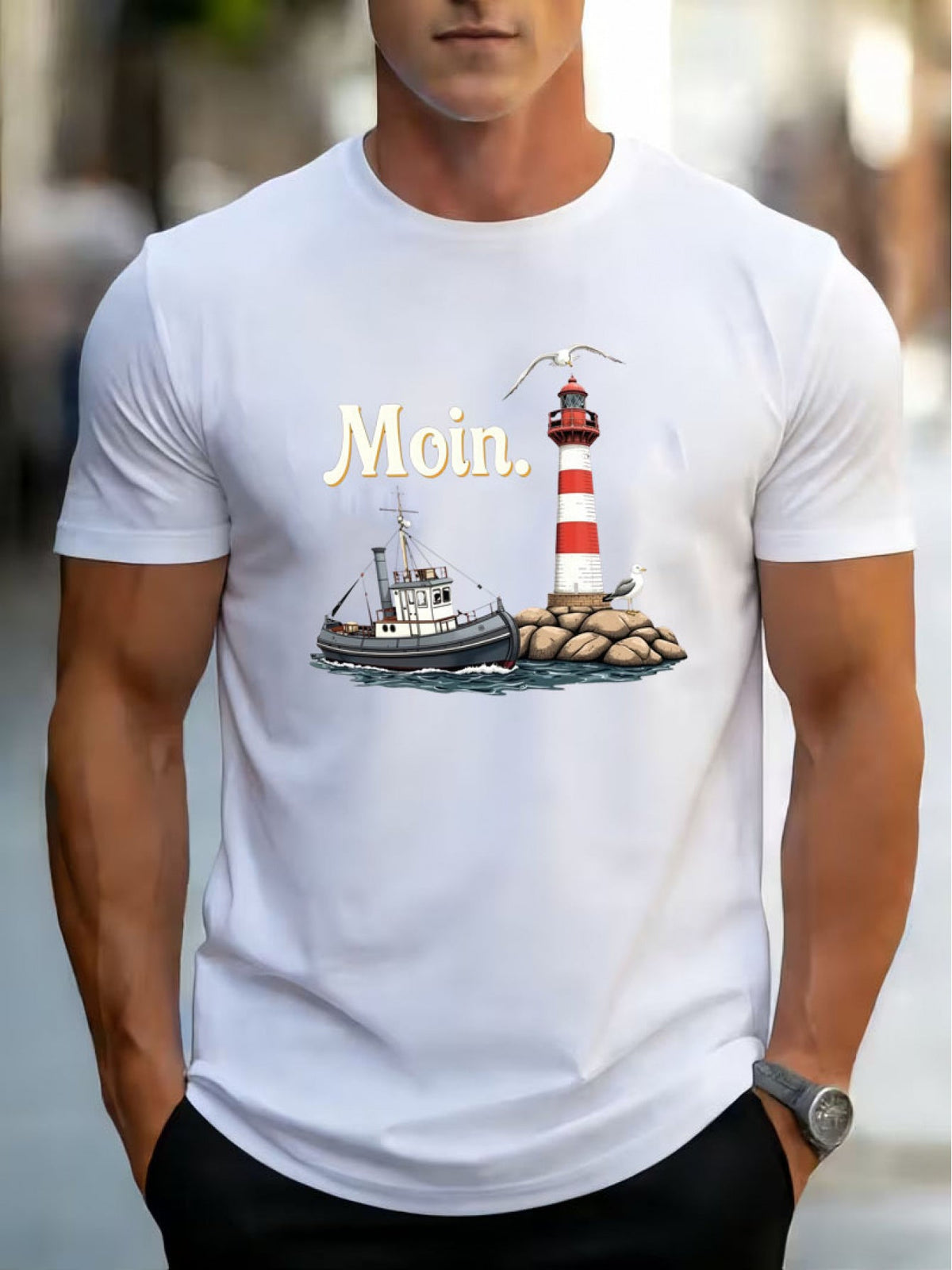 Moin Nautical Lighthouse Fishing Boat Print Quick Dry Breathable Tee Crew Top