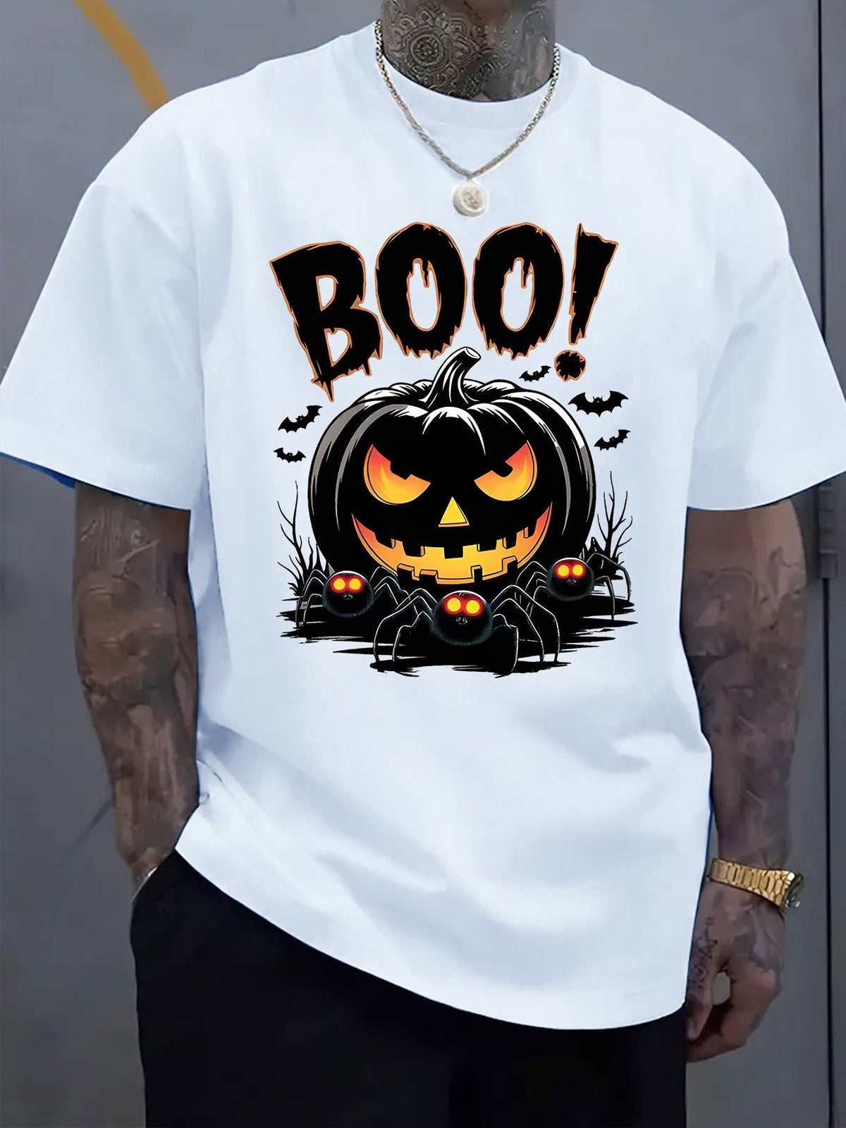 BOO Halloween Pumpkin Jack O Lantern Spiders Bats Graphic Short Sleeve T-Shirt Men Women Fall Top