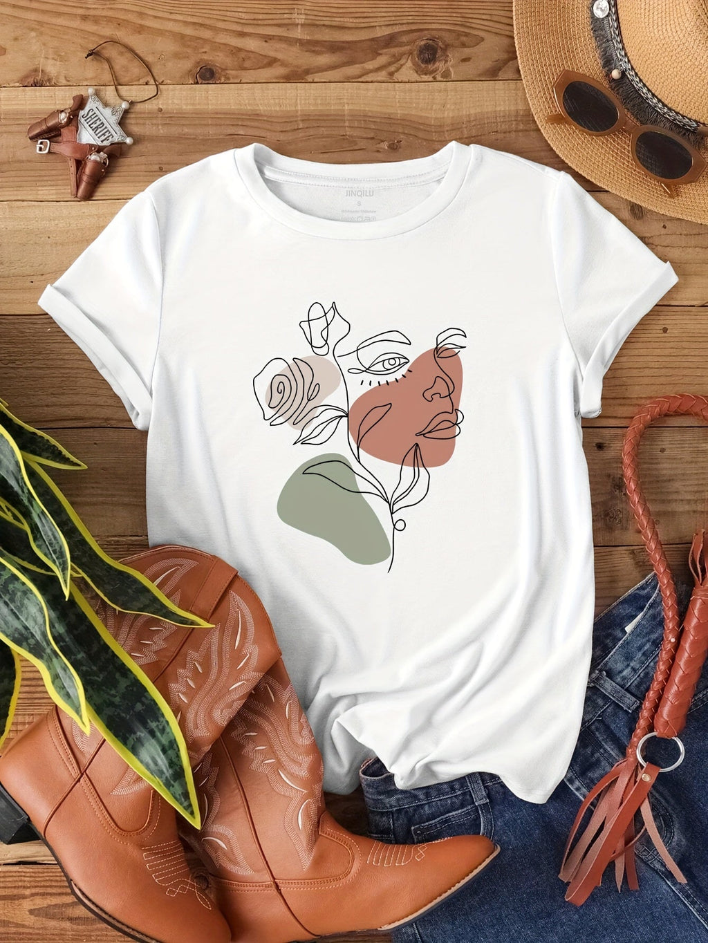 New Line Art Flower Face Print Short Sleeve Tee Unisex Crew Neck Casual Top
