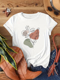 New Line Art Flower Face Print Short Sleeve Tee Unisex Crew Neck Casual Top