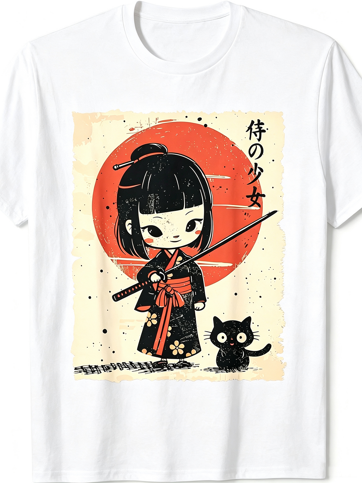 Japanese Samurai Girl Black Cat Vintage Graphic T-Shirt, Retro Cute Cartoon Short Sleeve Tee for Women Casual Tops