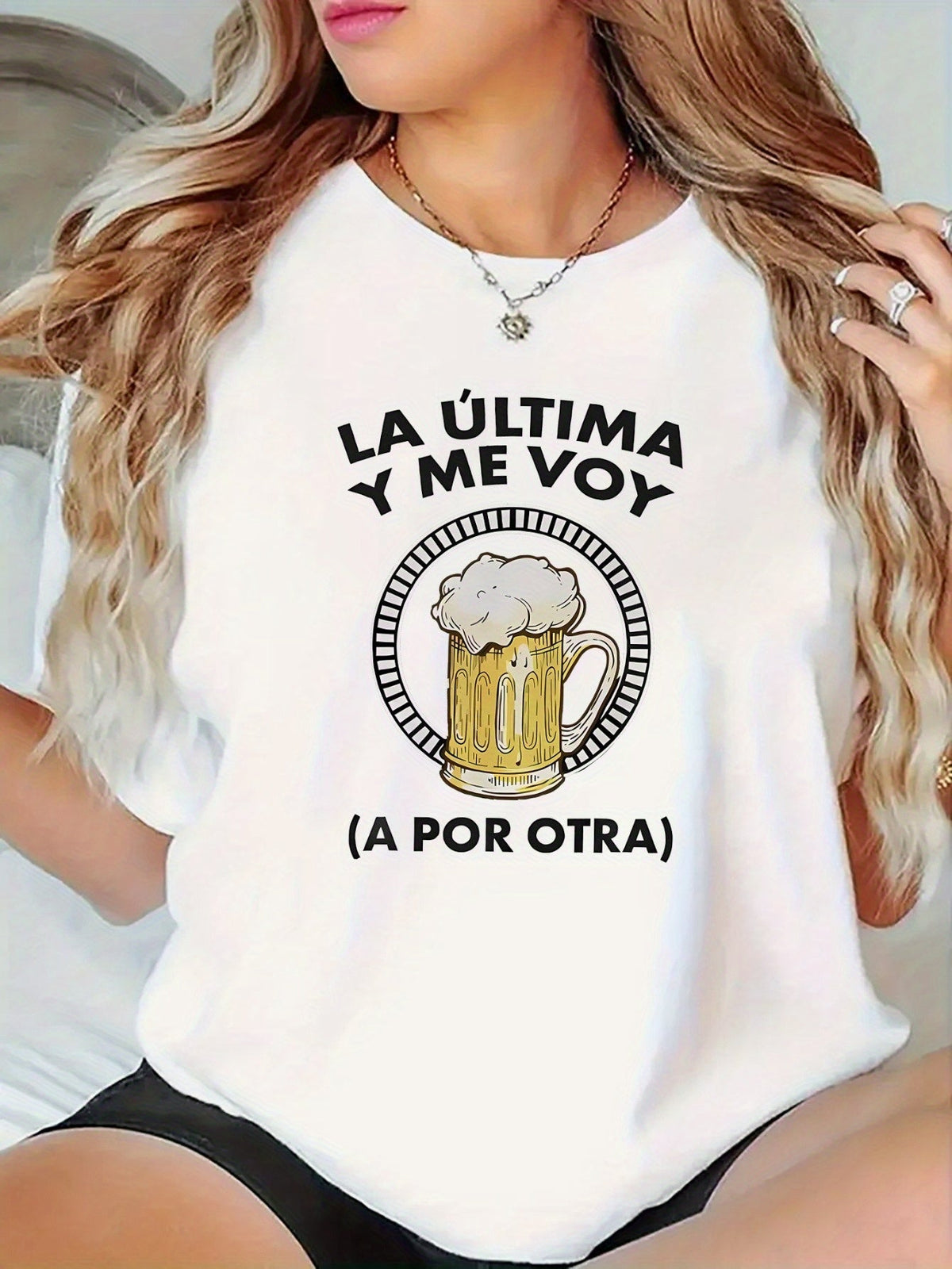 Spanish Beer Theme Print Short Sleeve Tee Funny Crew Neck Casual Top