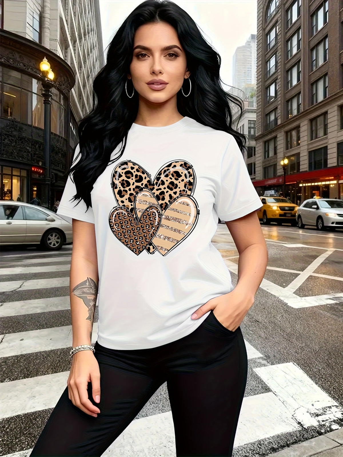 Leopard Heart Applique Print Short Sleeve Tee Crew Neck Casual Top