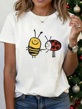 Bee Ladybug Holding Hands Print Short Sleeve Tee Cute Illustration Crew Neck Top