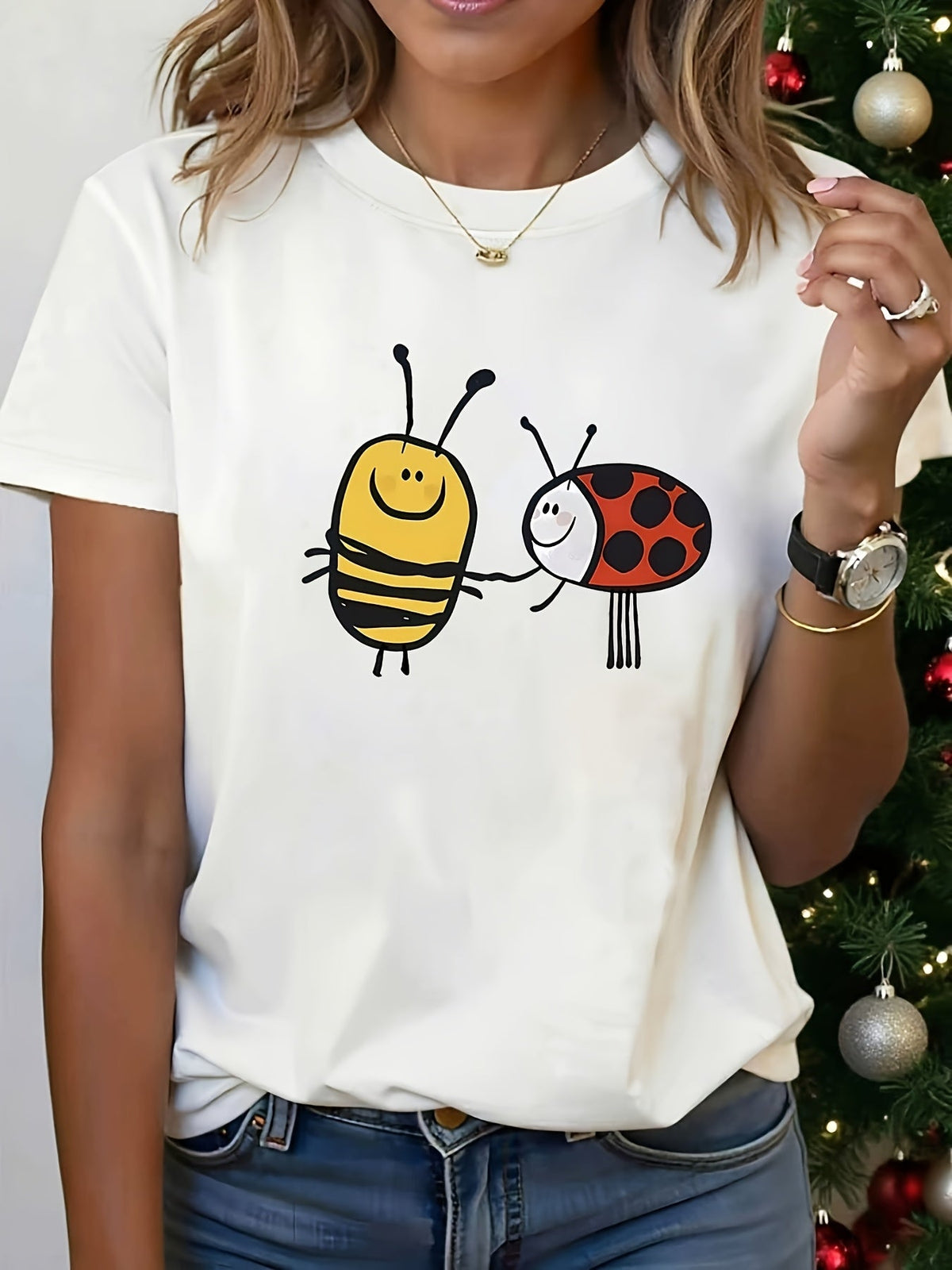 Bee Ladybug Holding Hands Print Short Sleeve Tee Cute Illustration Crew Neck Top