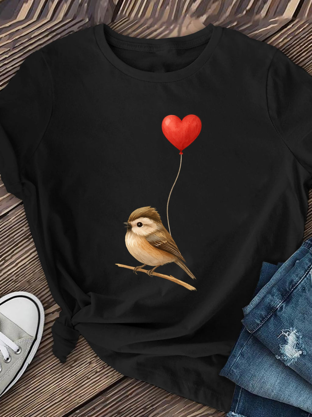 Bird Heart Balloon Print Short Sleeve Tee Summer Crew Neck Fashion Top