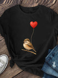 Bird Heart Balloon Print Short Sleeve Tee Summer Crew Neck Fashion Top