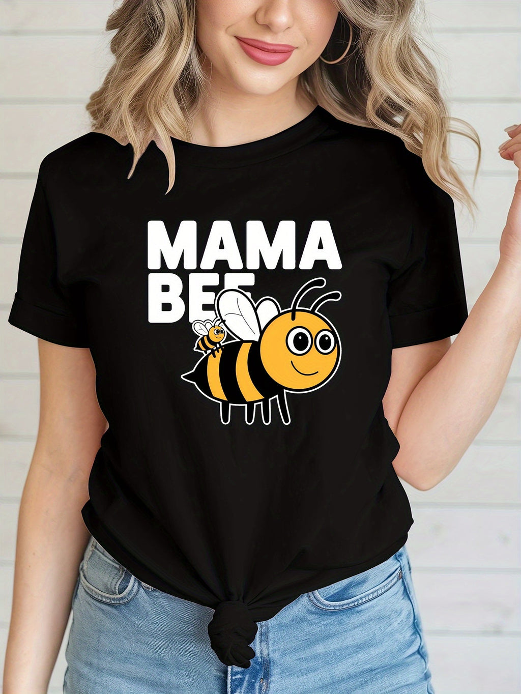 MAMA BEE Print Short Sleeve Tee American Trendy Crew Neck Casual Top