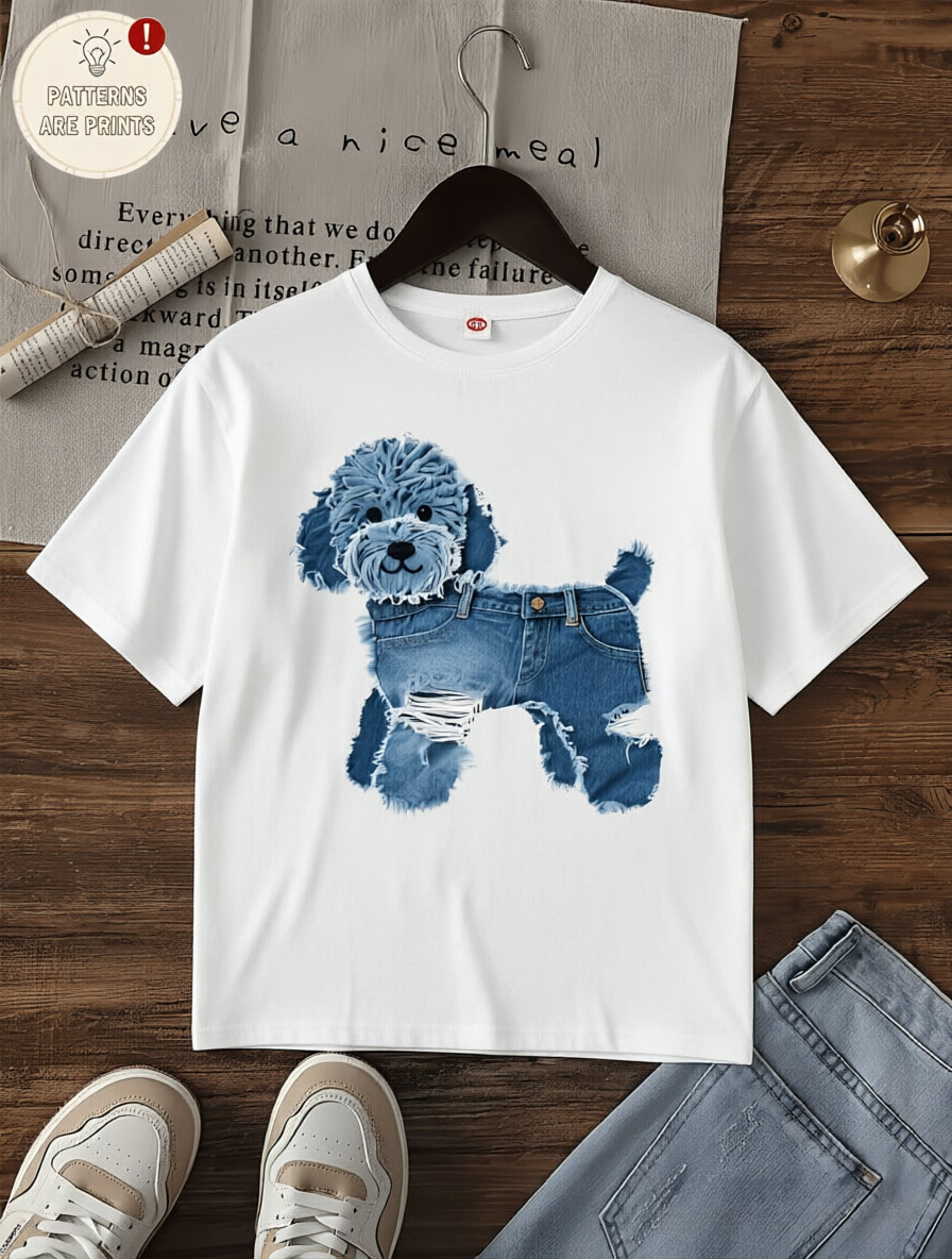 Faux Denim Dog Print Short Sleeve Tee Trendy Fashion Summer Casual Top