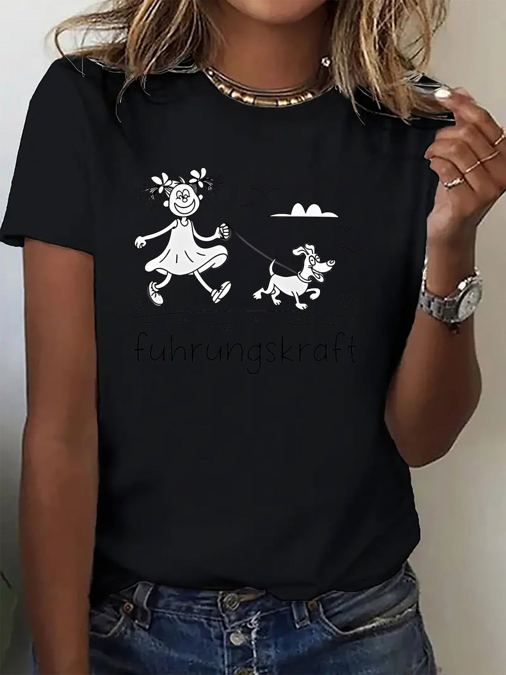 Cartoon Girl Walking Dog Print Short Sleeve Tee Unisex Sports Casual Crew Neck Top
