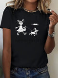Cartoon Girl Walking Dog Print Short Sleeve Tee Unisex Sports Casual Crew Neck Top